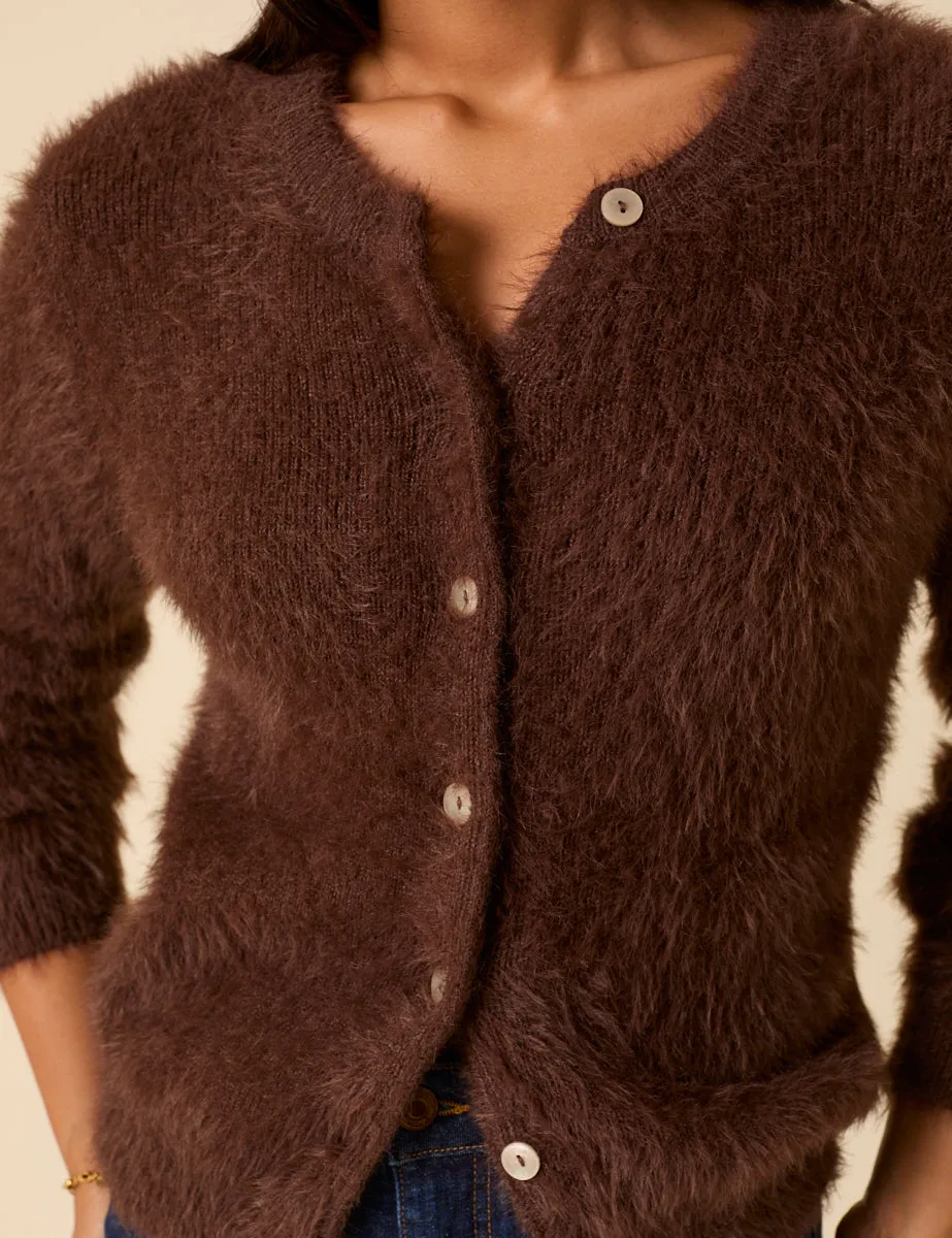 Brown Fluffy Long Sleeve Knitted Cardigan sold by Nobody's Child product image thumbnail 4