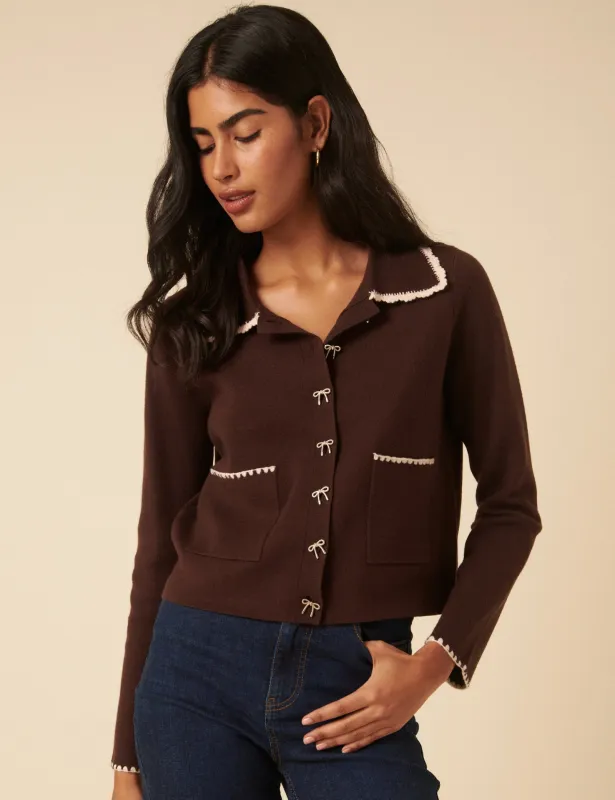 Brown Crochet Collar Bow Button Cardigan sold by Nobody's Child