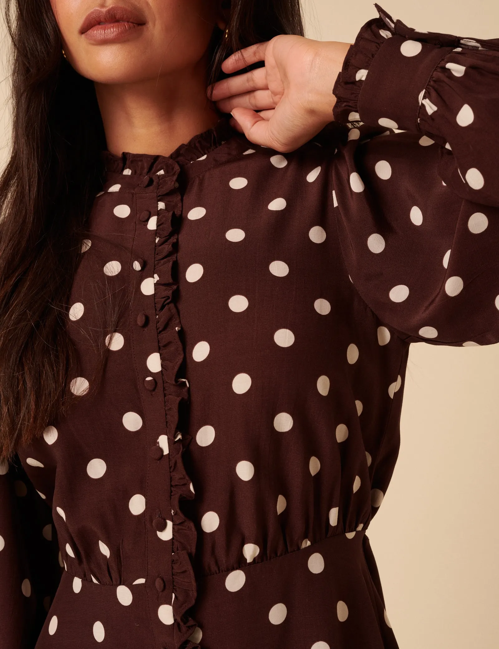 Brown Polka Dot Ruffle Gabi Mini Dress sold by Nobody's Child product image thumbnail 5