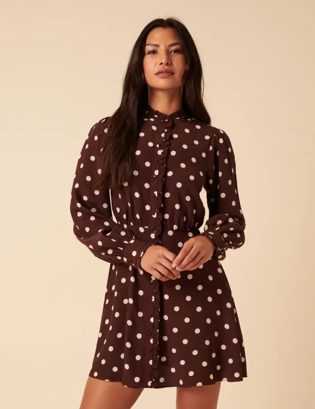 Brown Polka Dot Ruffle Gabi Mini Dress sold by Nobody's Child