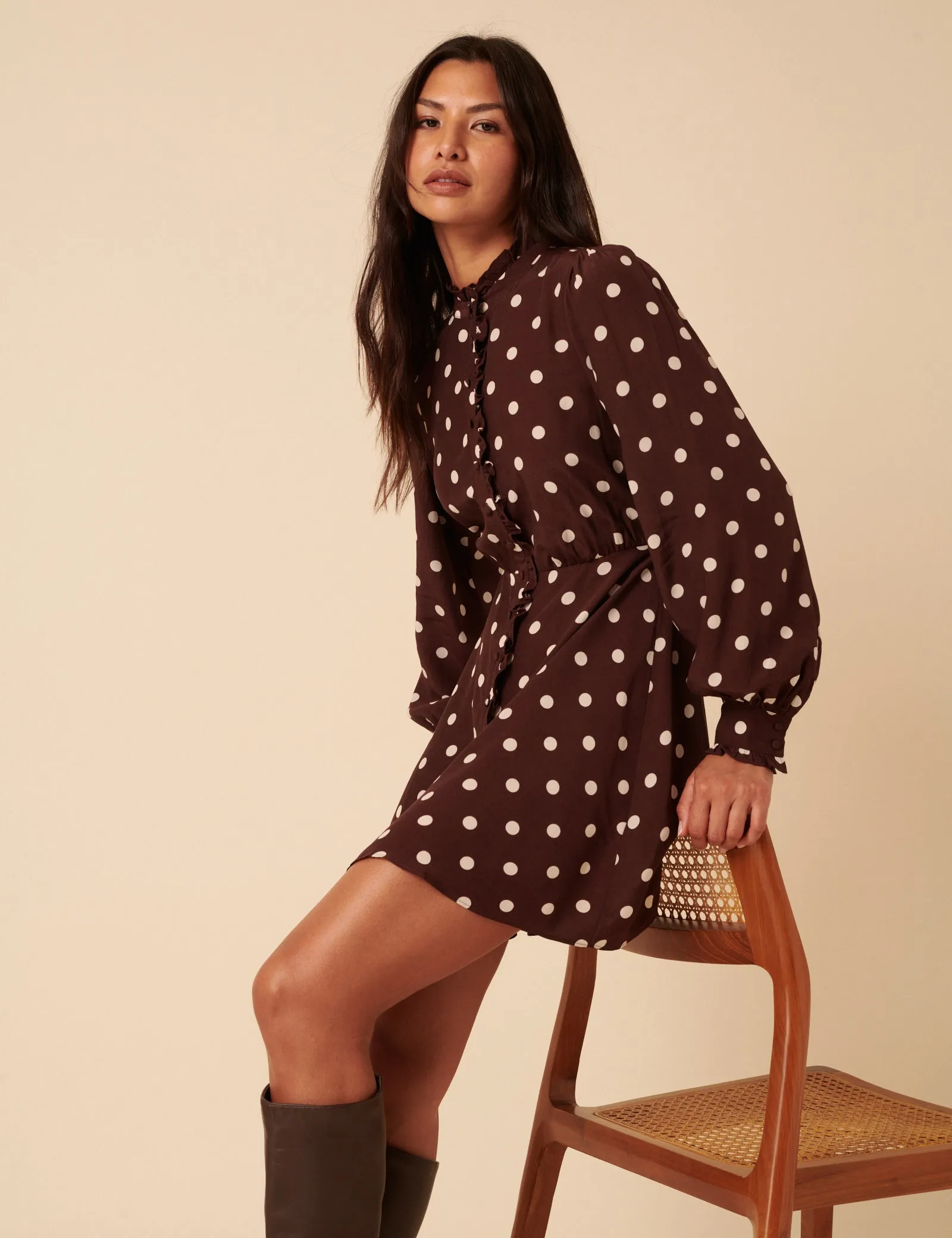 Brown Polka Dot Ruffle Gabi Mini Dress sold by Nobody's Child product image thumbnail 3