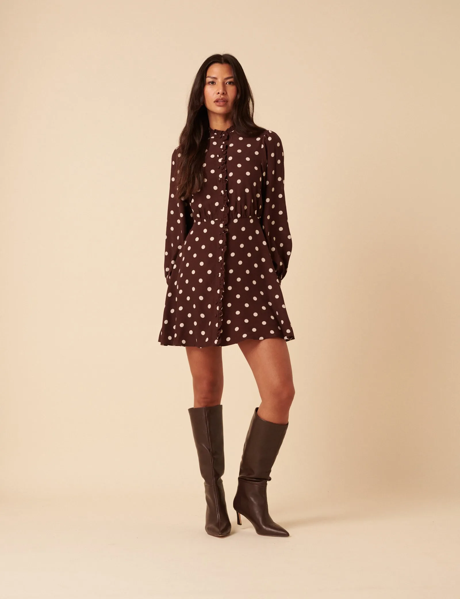 Brown Polka Dot Ruffle Gabi Mini Dress sold by Nobody's Child product image thumbnail 2