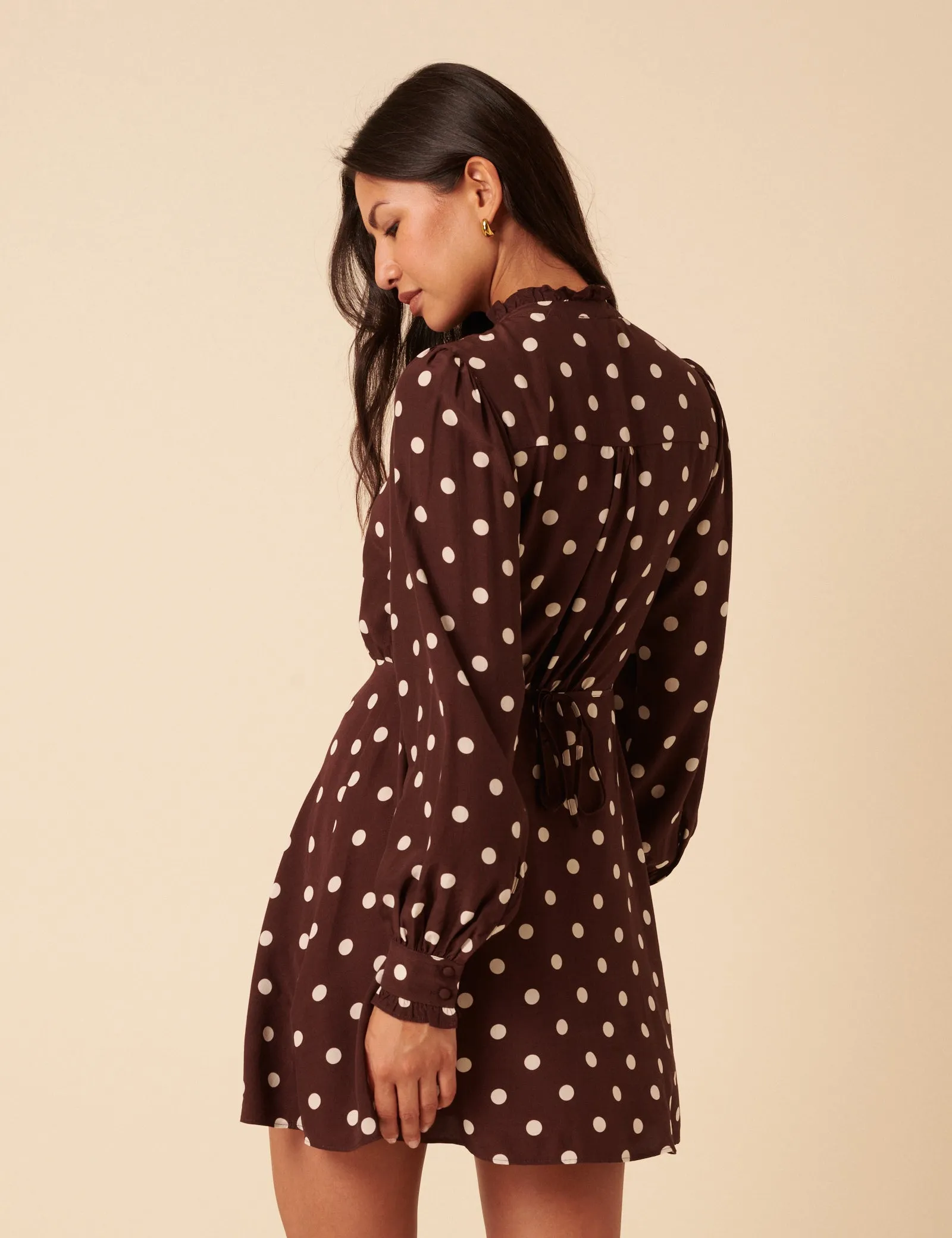 Brown Polka Dot Ruffle Gabi Mini Dress sold by Nobody's Child product image thumbnail 4