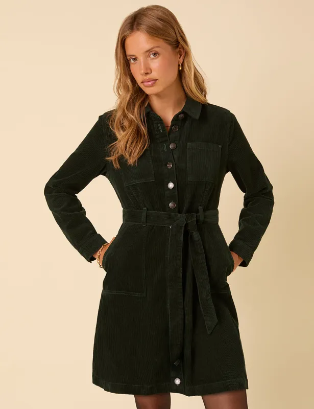 Forest Green Cord Long Sleeve Finchley Mini Dress sold by Nobody's Child