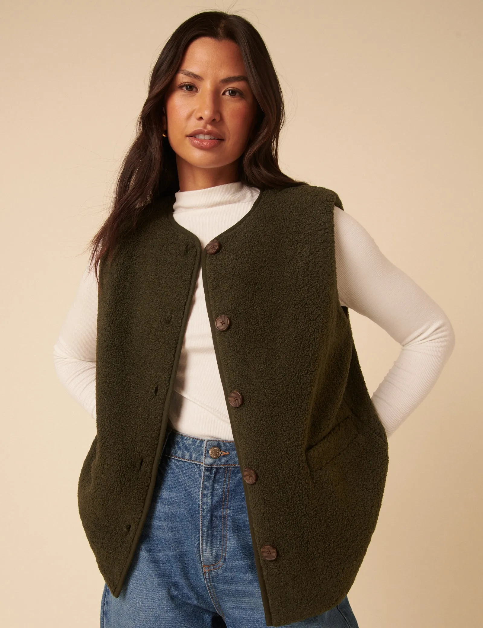 Khaki Borg Gilet sold by Nobody's Child