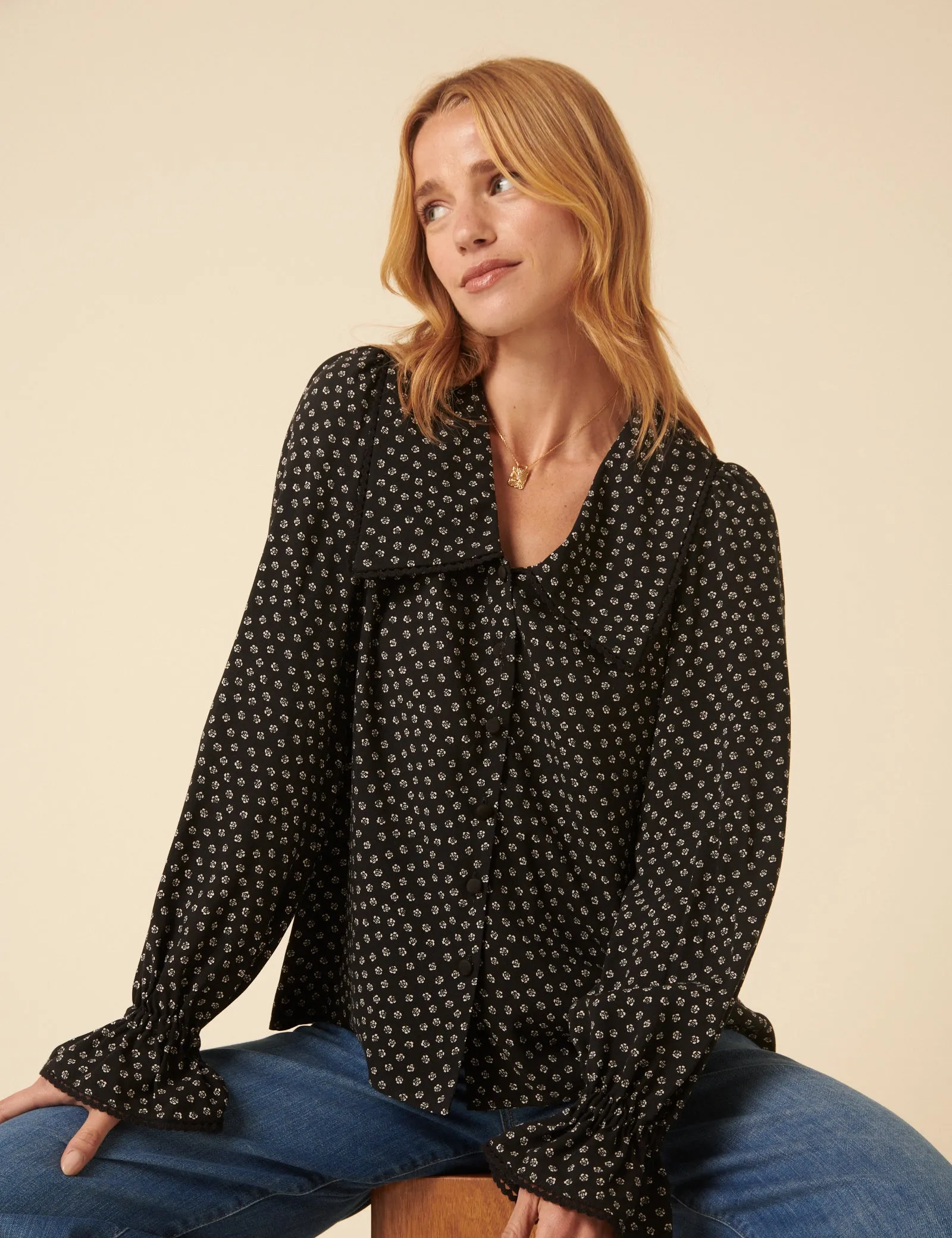 Black Floral Printed Collared Long Sleeve Blouse sold by Nobody's Child product image thumbnail 4