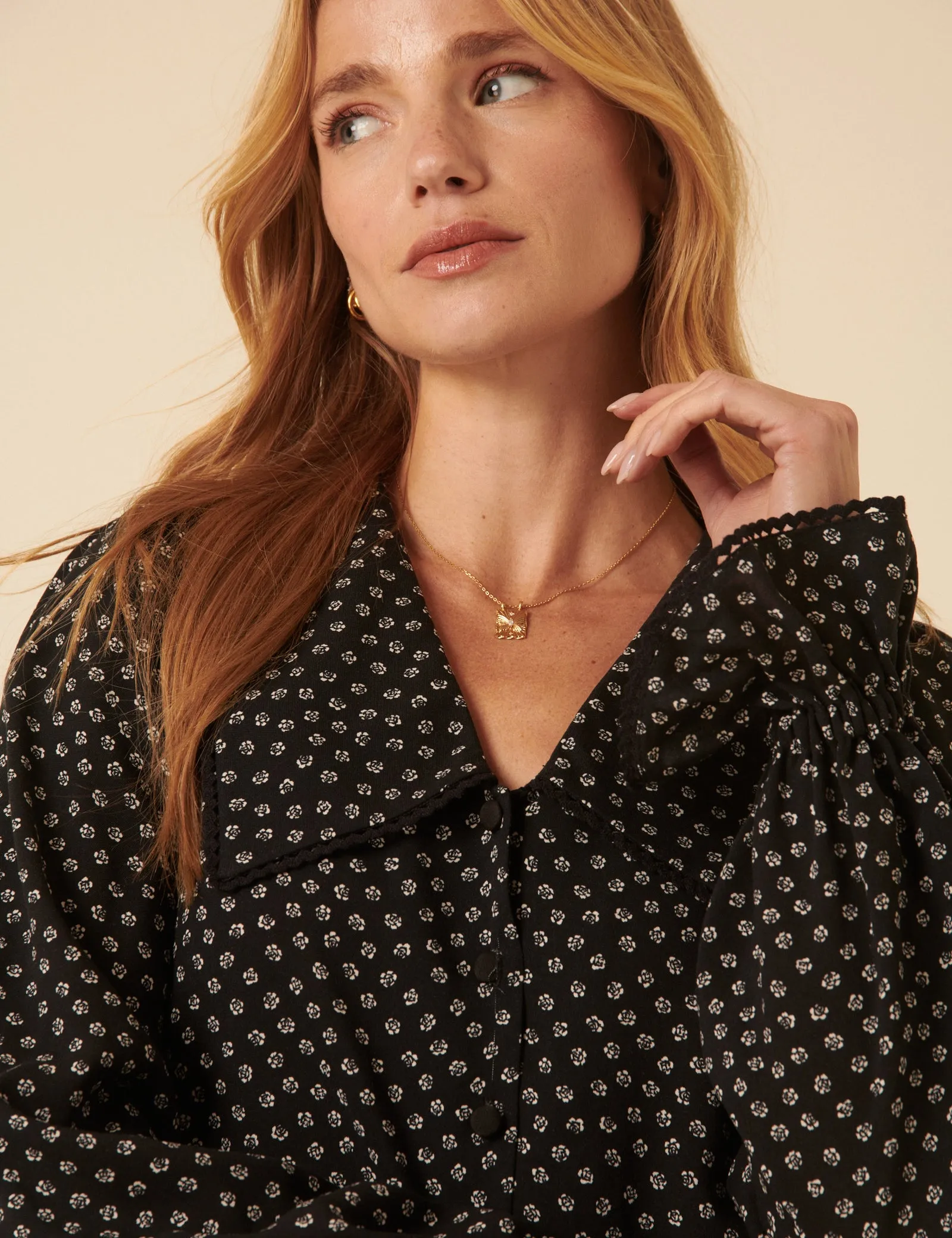 Black Floral Printed Collared Long Sleeve Blouse sold by Nobody's Child product image thumbnail 2