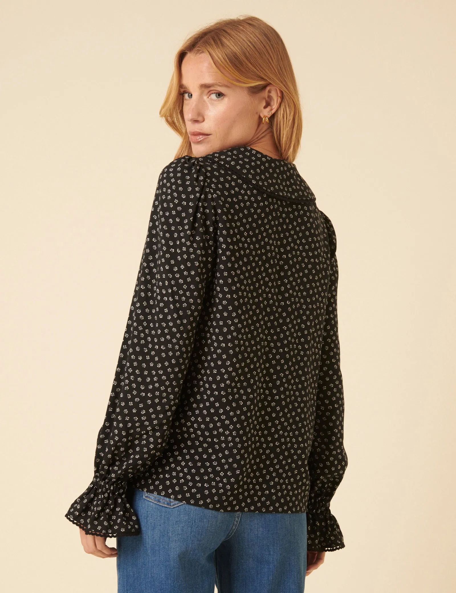 Black Floral Printed Collared Long Sleeve Blouse sold by Nobody's Child product image thumbnail 5