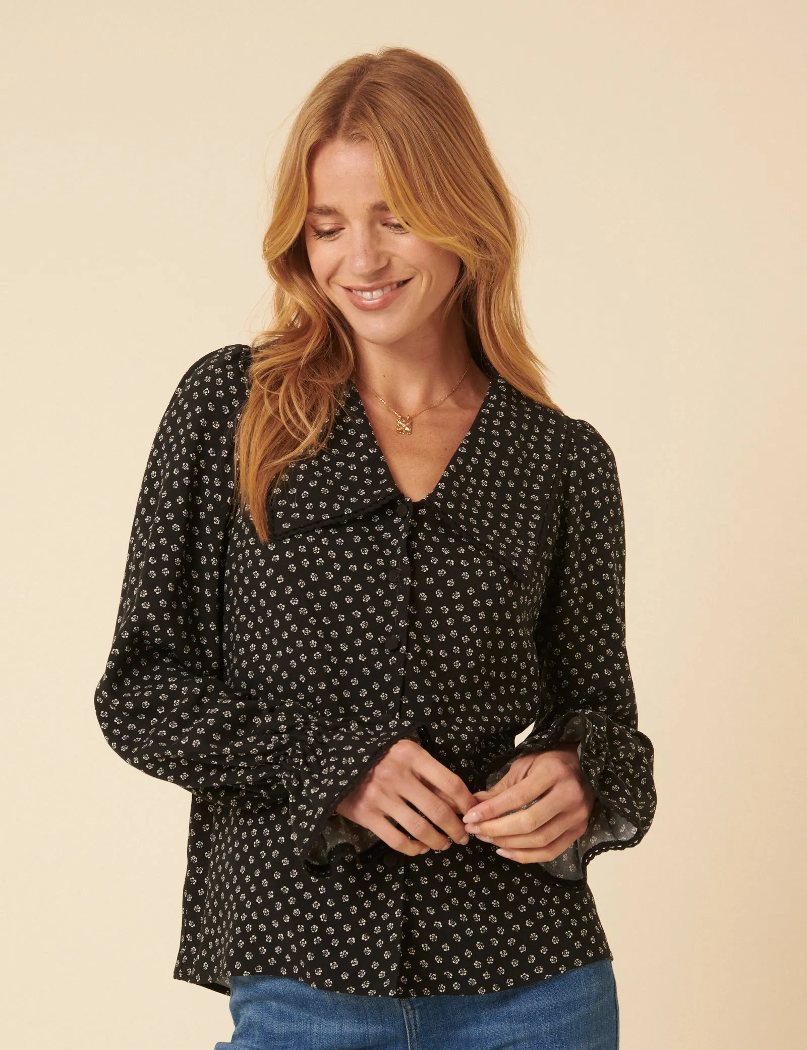 Black Floral Printed Collared Long Sleeve Blouse sold by Nobody's Child