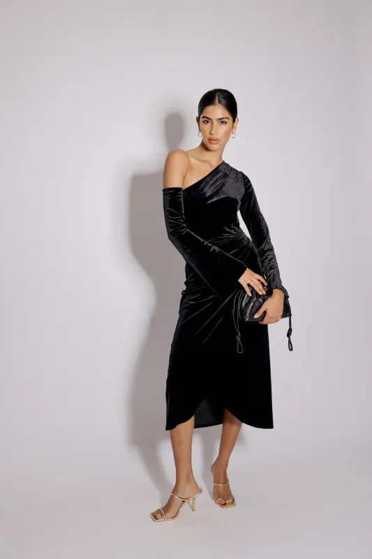 Black Velvet Asymmetric Virgo Midi Dress sold by Nobody's Child