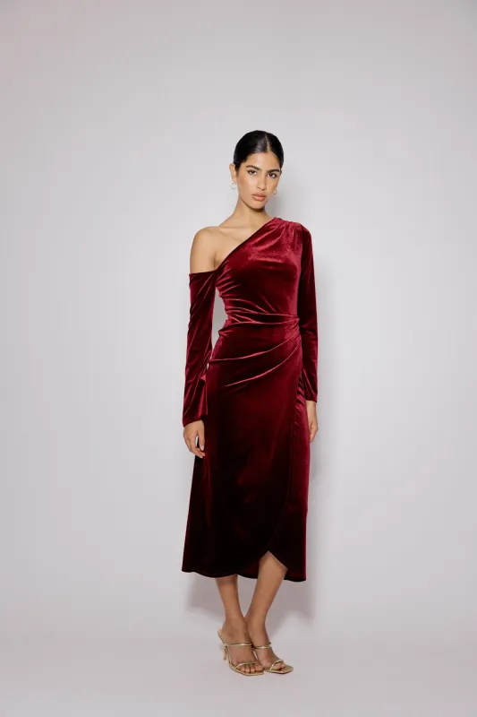 Red Velvet Asymmetric Virgo Midi Dress sold by Nobody's Child