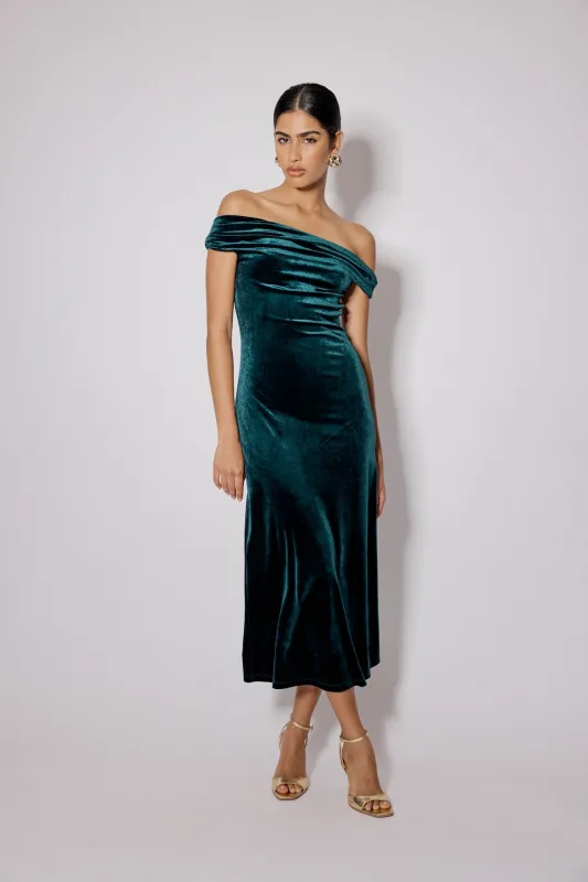 Green Off Shoulder Stretch Velvet Pippa Maxi Dress sold by Nobody's Child