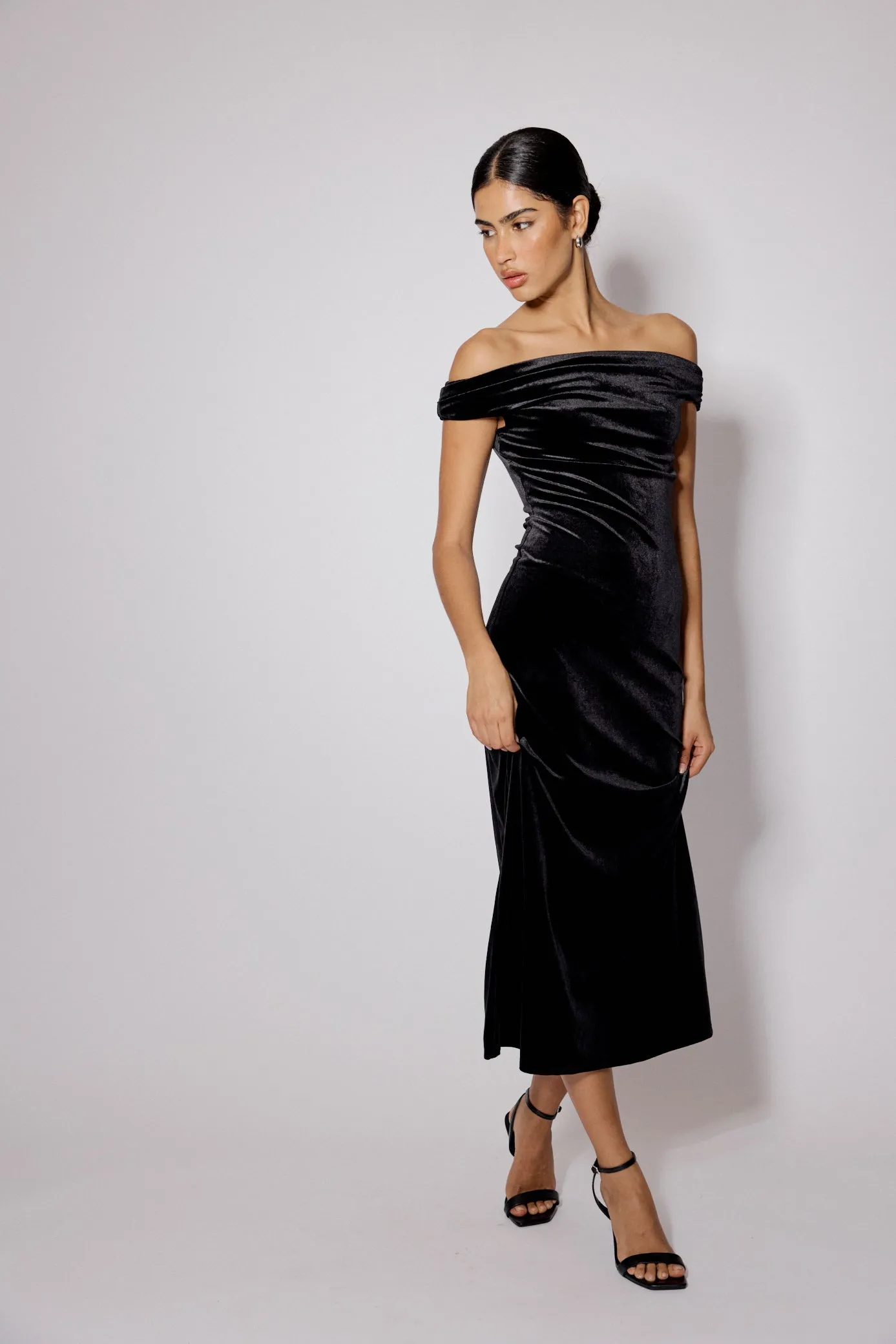 Black Off Shoulder Stretch Velvet Pippa Maxi Dress sold by Nobody's Child product image thumbnail 3