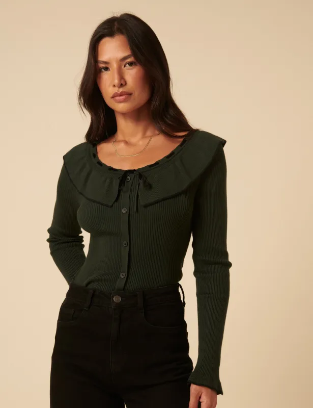 Khaki Ruffle Collar Knitted Top sold by Nobody's Child