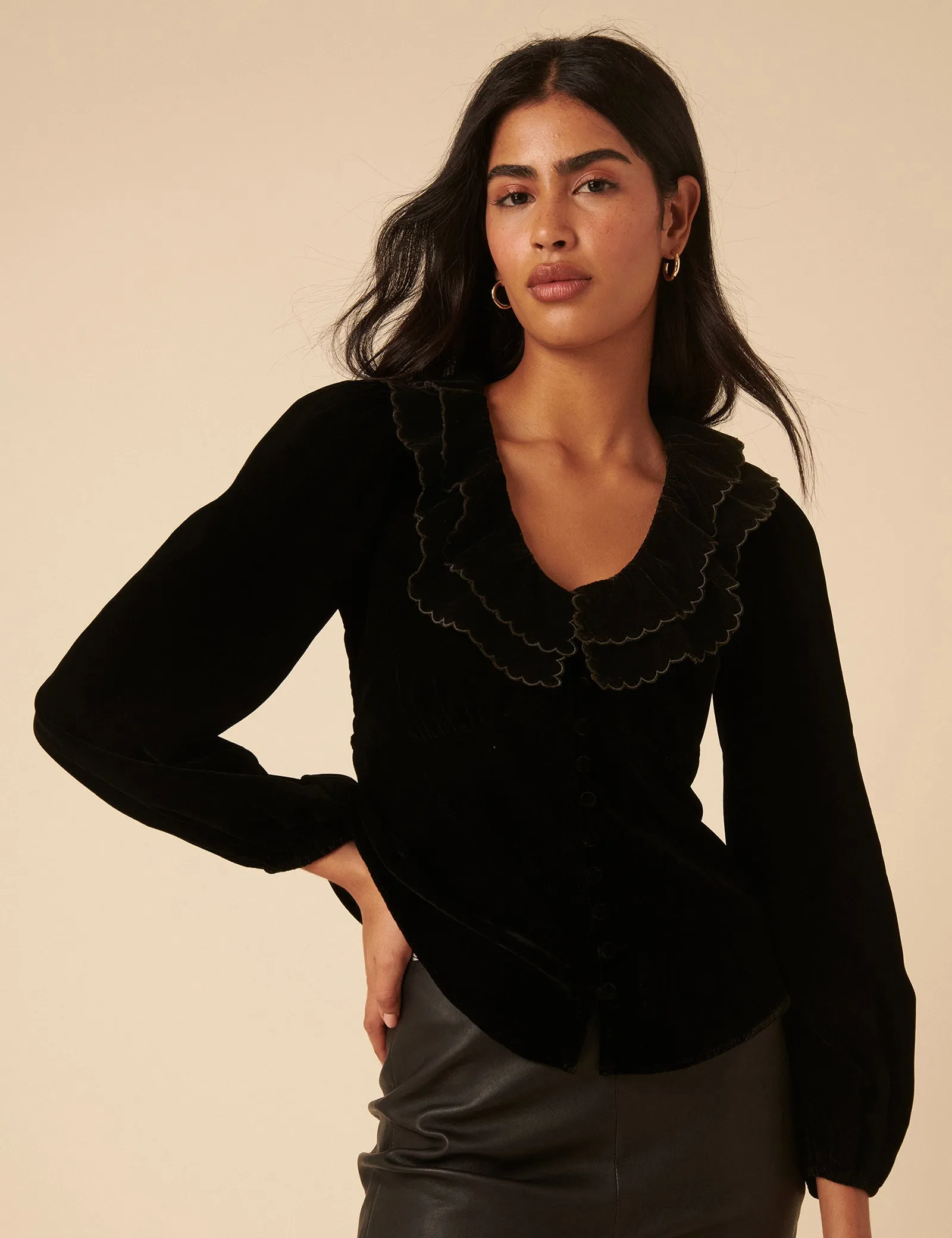 Black Velvet Ruffle Collared Blouse sold by Nobody's Child