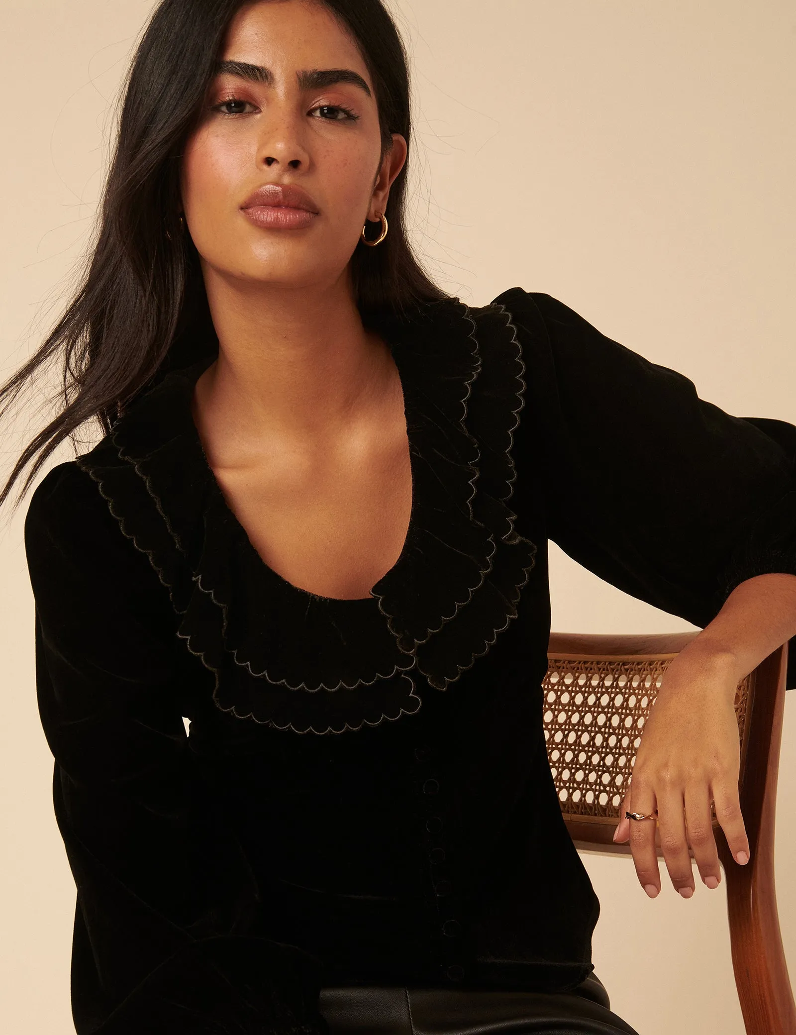 Black Velvet Ruffle Collared Blouse sold by Nobody's Child product image thumbnail 2