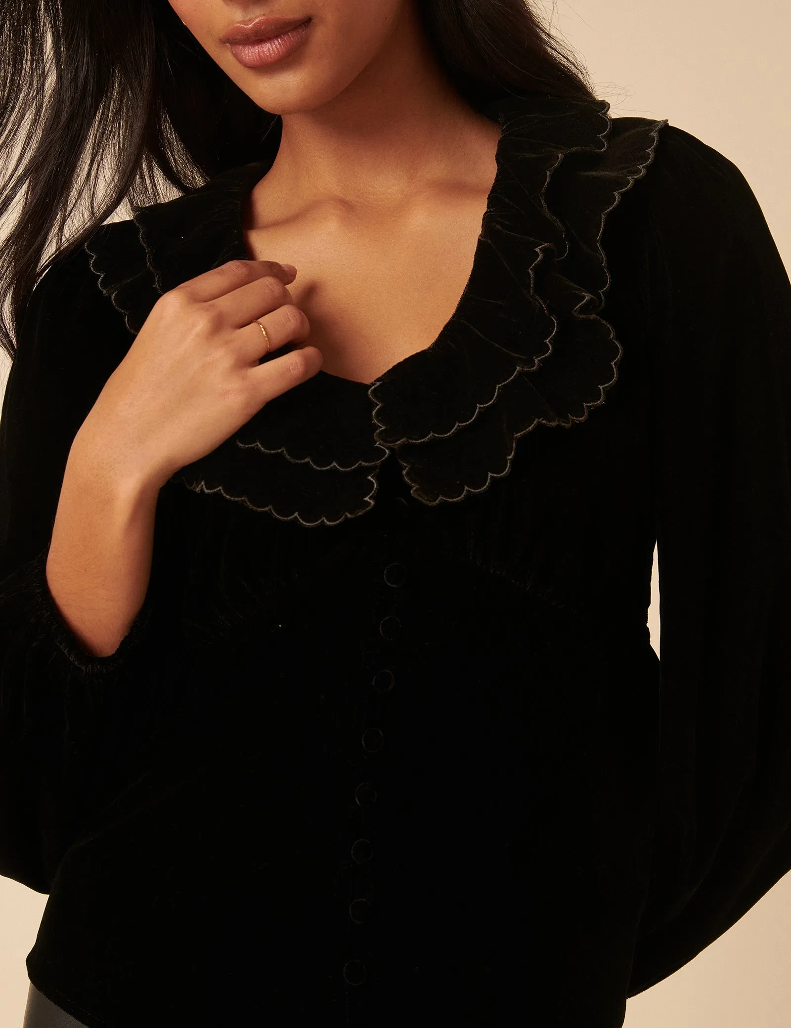 Black Velvet Ruffle Collared Blouse sold by Nobody's Child product image thumbnail 4