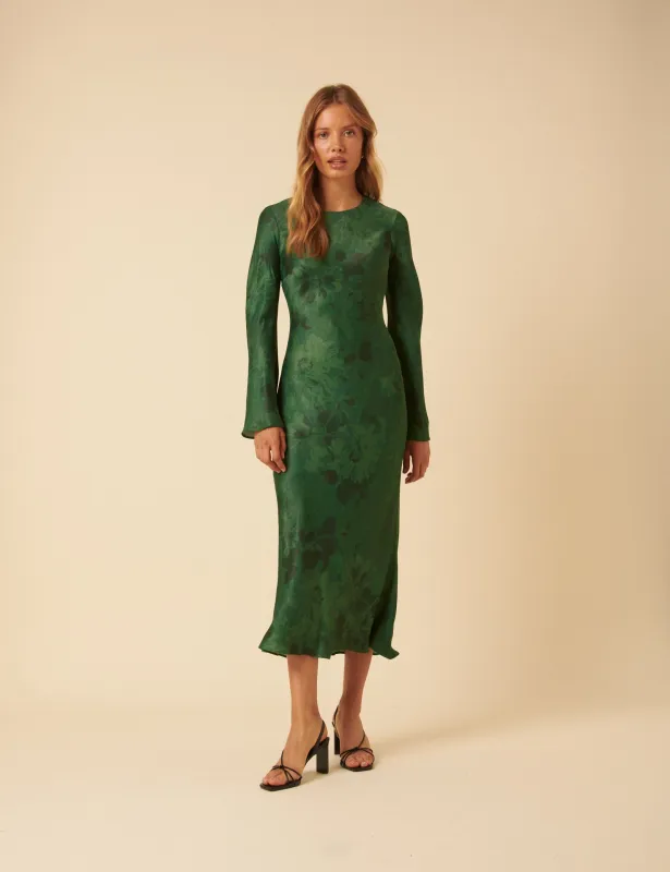 Green Floral Satin Clarissa Midi Dress sold by Nobody's Child