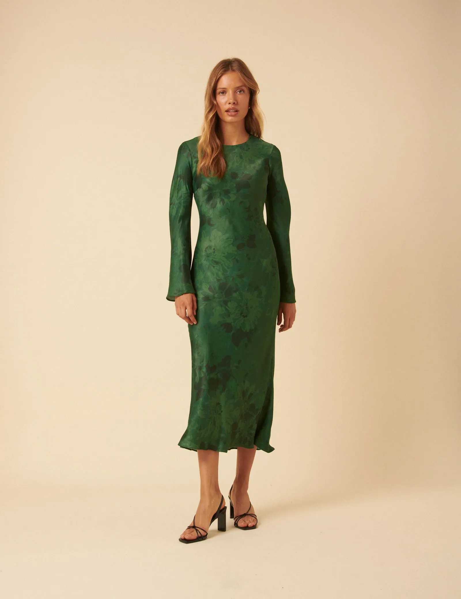 Green Floral Satin Clarissa Midi Dress sold by Nobody's Child