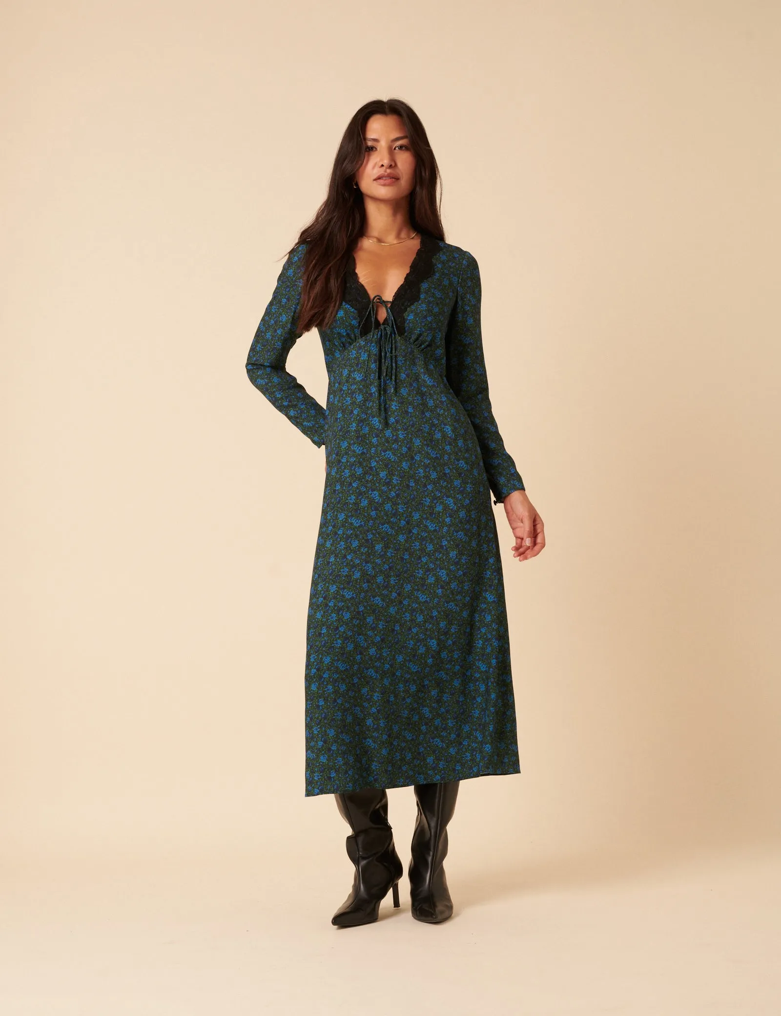 Blue & Green Floral Lace Aida Midi Dress sold by Nobody's Child