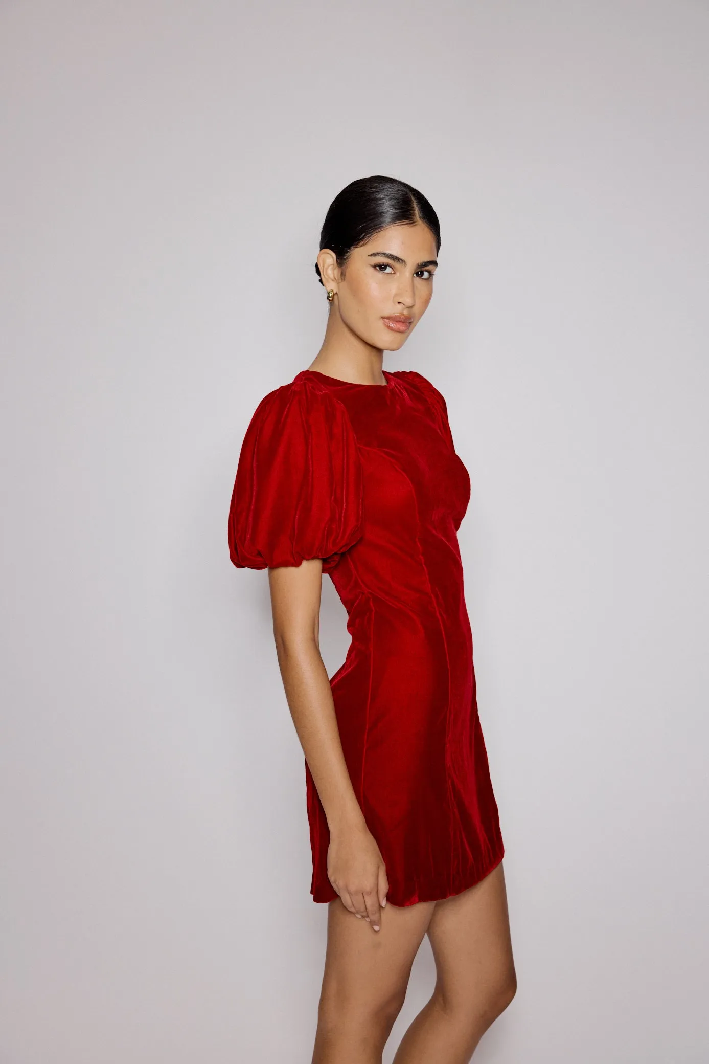 Red Velvet Puff Sleeve Boston Mini Shift Dress sold by Nobody's Child product image thumbnail 2