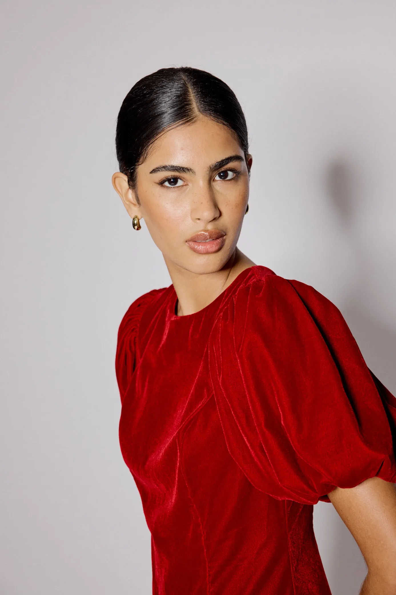 Red Velvet Puff Sleeve Boston Mini Shift Dress sold by Nobody's Child product image thumbnail 4