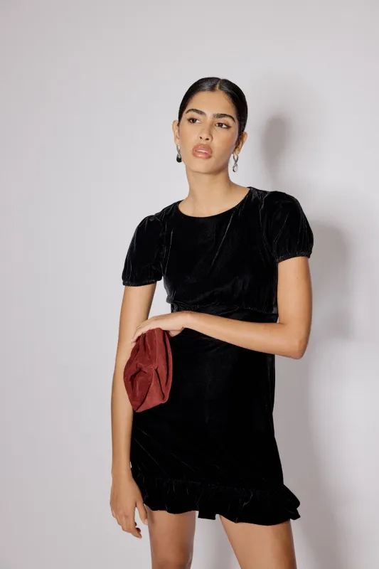 Black Velvet Frill Hem Cosmo Mini Dress sold by Nobody's Child