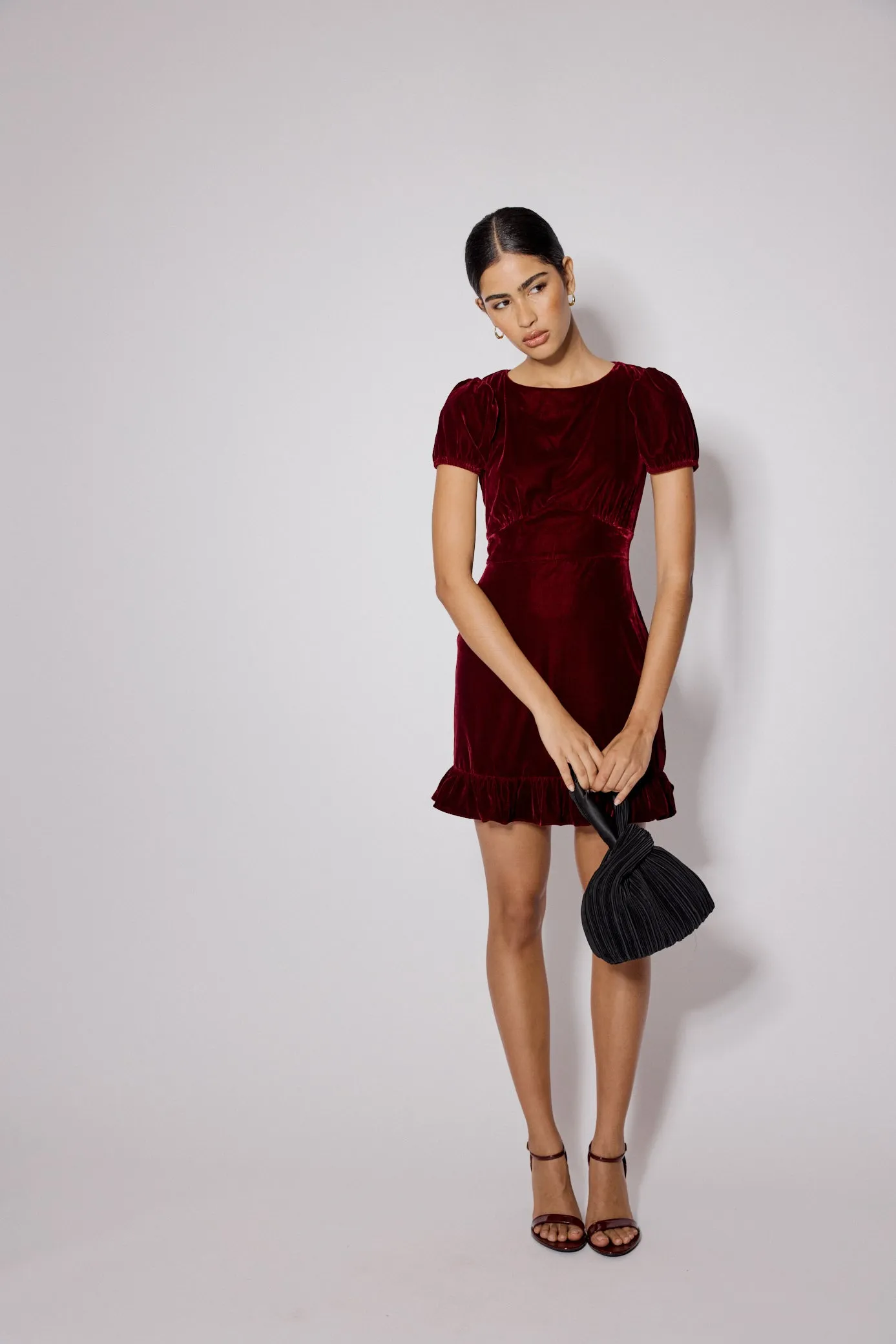 Burgundy Velvet Frill Hem Cosmo Mini Dress sold by Nobody's Child product image thumbnail 2