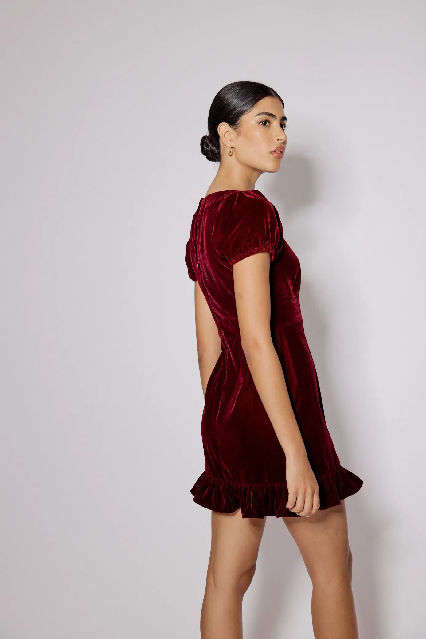 Burgundy Velvet Frill Hem Cosmo Mini Dress sold by Nobody's Child product image thumbnail 5