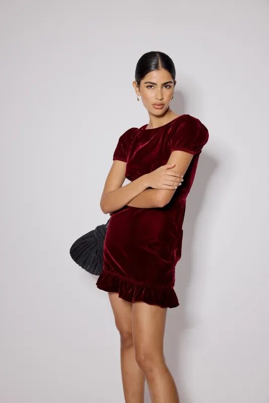 Burgundy Velvet Frill Hem Cosmo Mini Dress sold by Nobody's Child