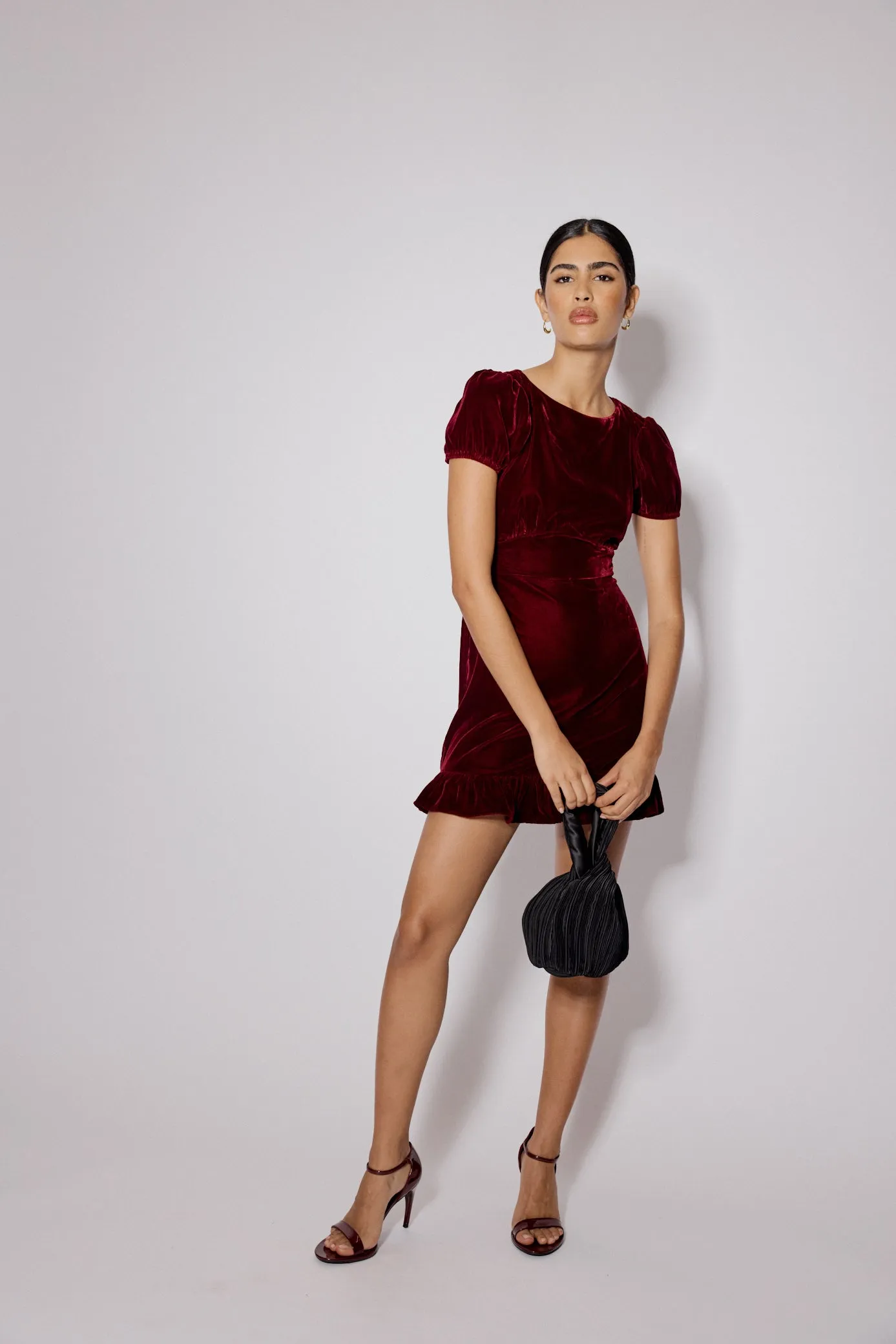 Burgundy Velvet Frill Hem Cosmo Mini Dress sold by Nobody's Child product image thumbnail 4