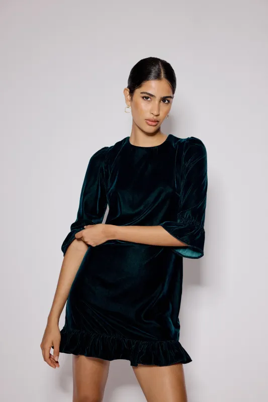 Dark Green Velvet Fleur Mini Dress sold by Nobody's Child