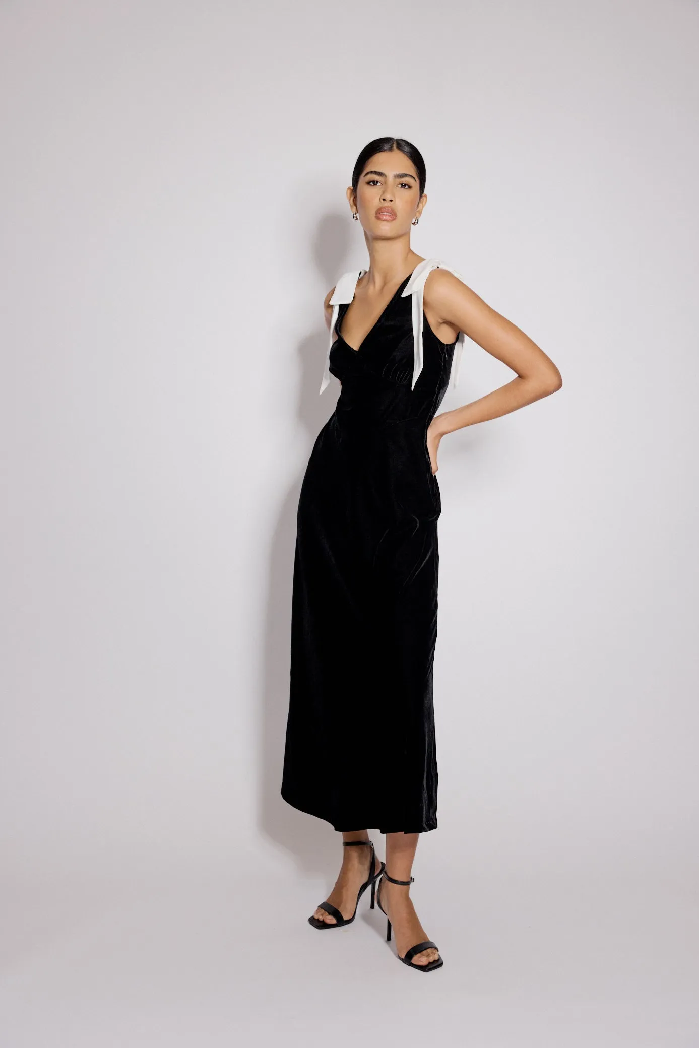 Black Velvet Bow Shoulder Lenka Midi Dress sold by Nobody's Child