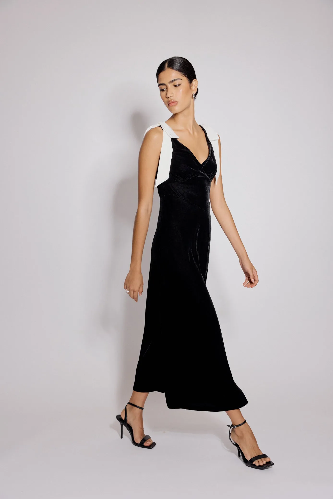 Black Velvet Bow Shoulder Lenka Midi Dress sold by Nobody's Child product image thumbnail 4