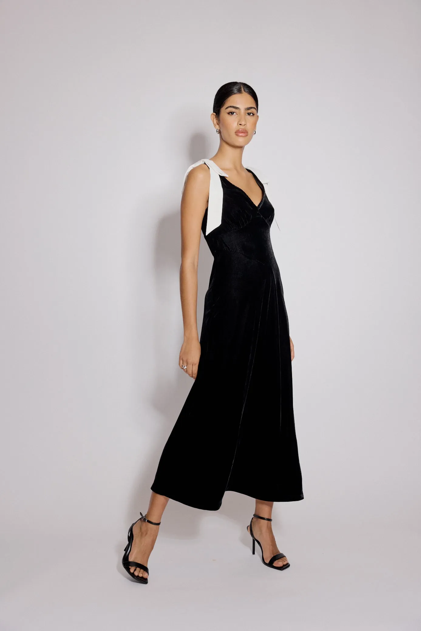 Black Velvet Bow Shoulder Lenka Midi Dress sold by Nobody's Child product image thumbnail 3