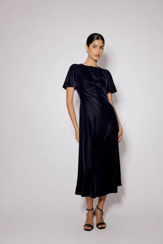 Navy Velvet A-Line Allegra Midi Dress sold by Nobody's Child