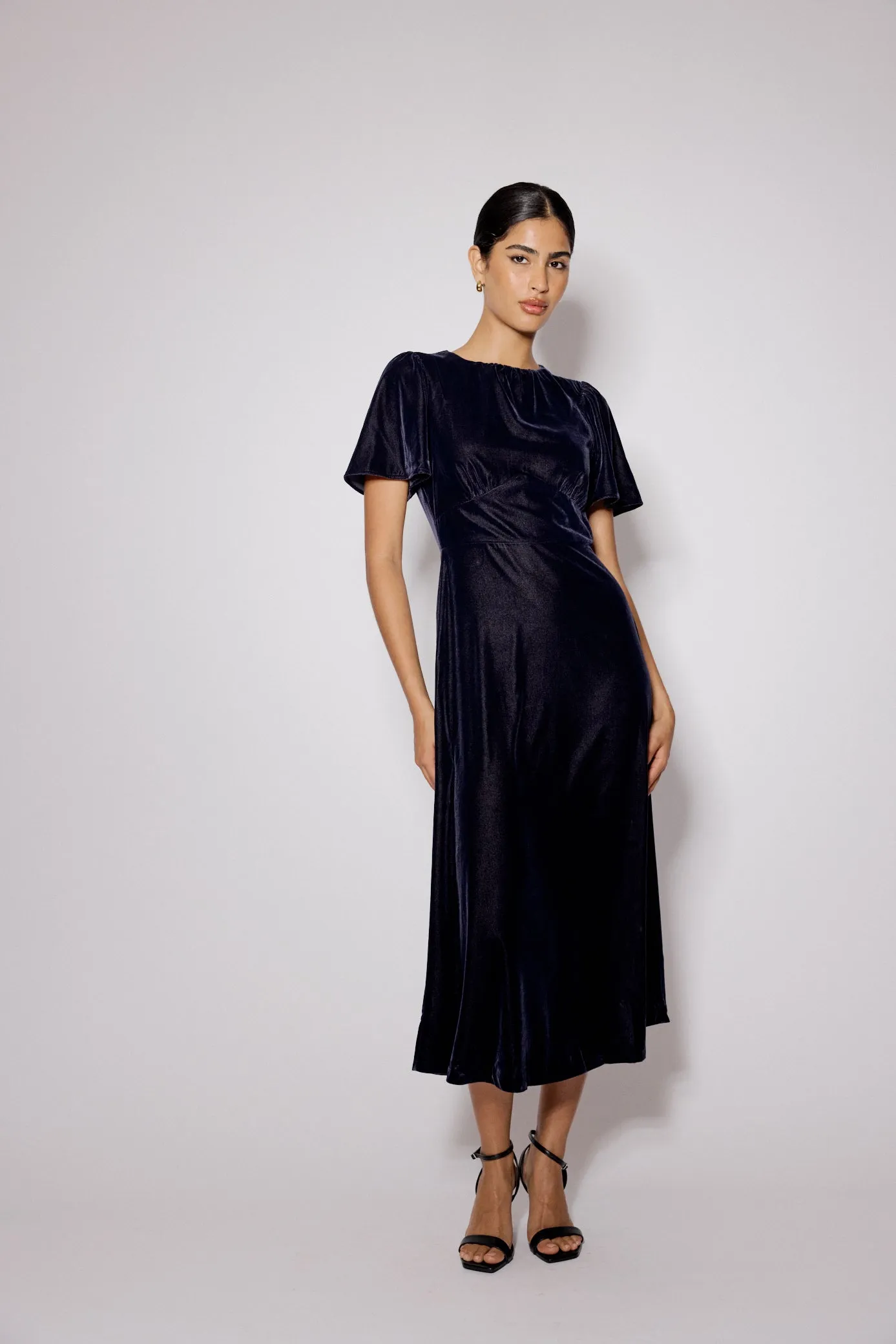 Navy Velvet A-Line Allegra Midi Dress sold by Nobody's Child