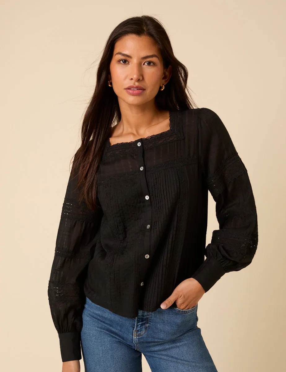 Black Long Sleeve Lace Trim Blouse sold by Nobody's Child