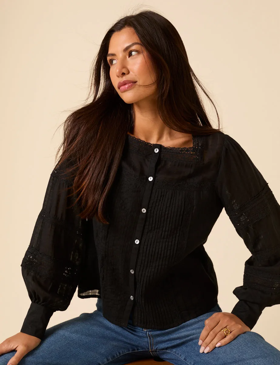 Black Long Sleeve Lace Trim Blouse sold by Nobody's Child product image thumbnail 3