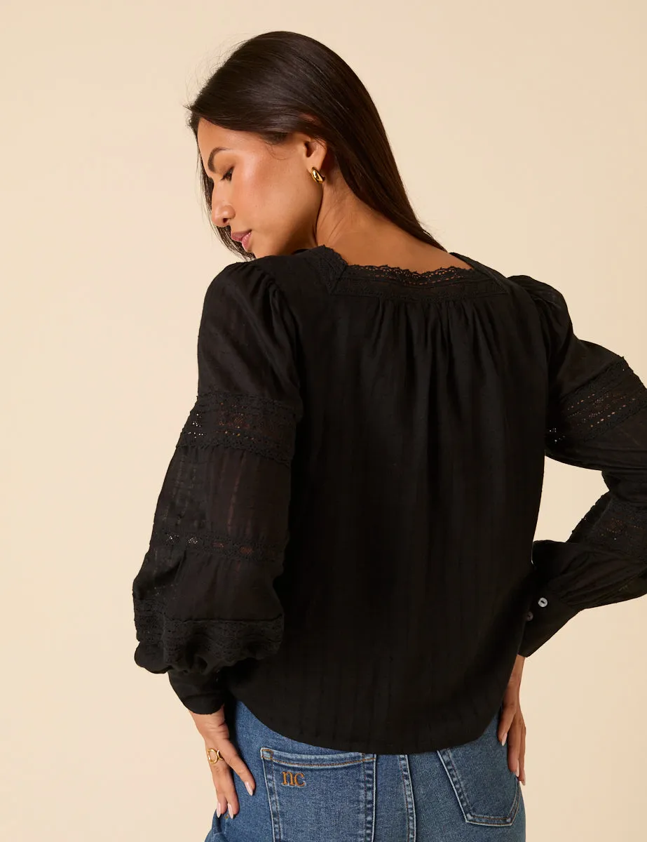 Black Long Sleeve Lace Trim Blouse sold by Nobody's Child product image thumbnail 5