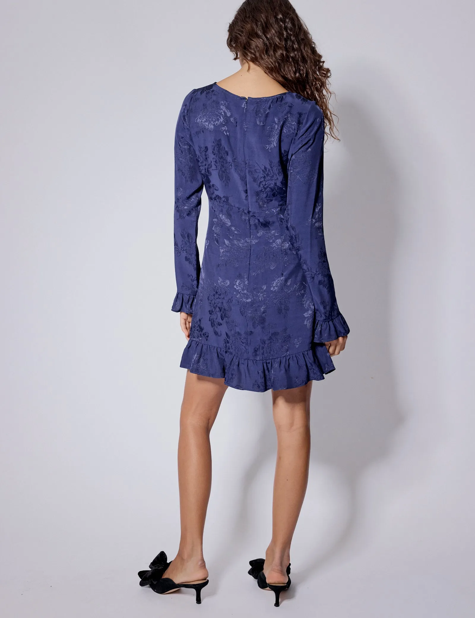 Blue Floral Satin Jacquard Long Sleeve Frill Bella Mini Dress sold by Nobody's Child product image thumbnail 4