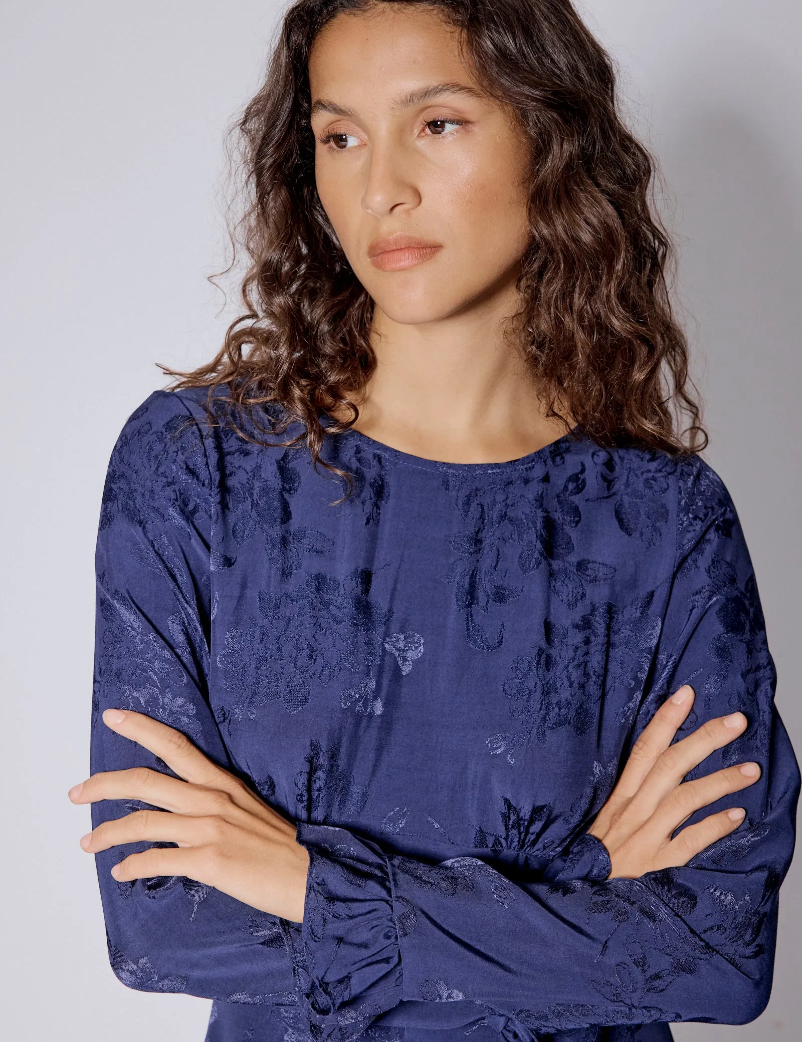 Blue Floral Satin Jacquard Long Sleeve Frill Bella Mini Dress sold by Nobody's Child product image thumbnail 5