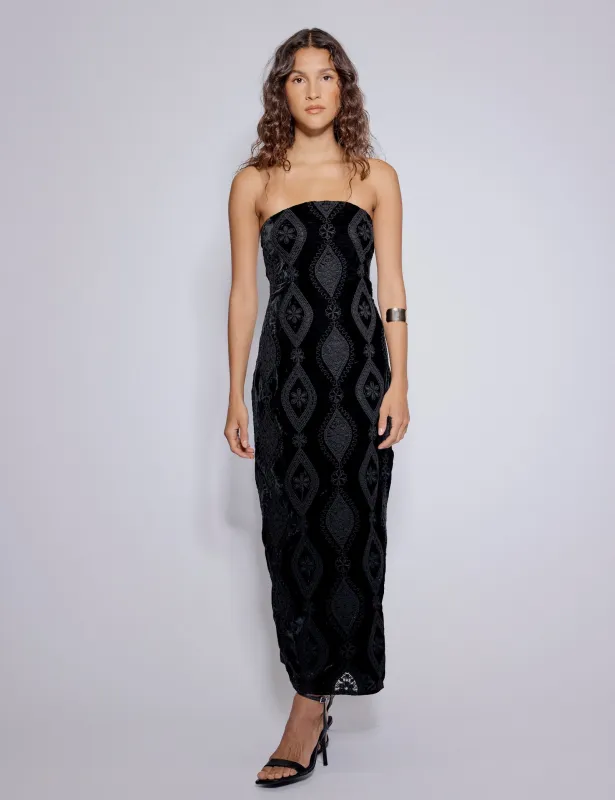 Black Velvet Floral Embroidered Bandeau Midi Dress sold by Nobody's Child