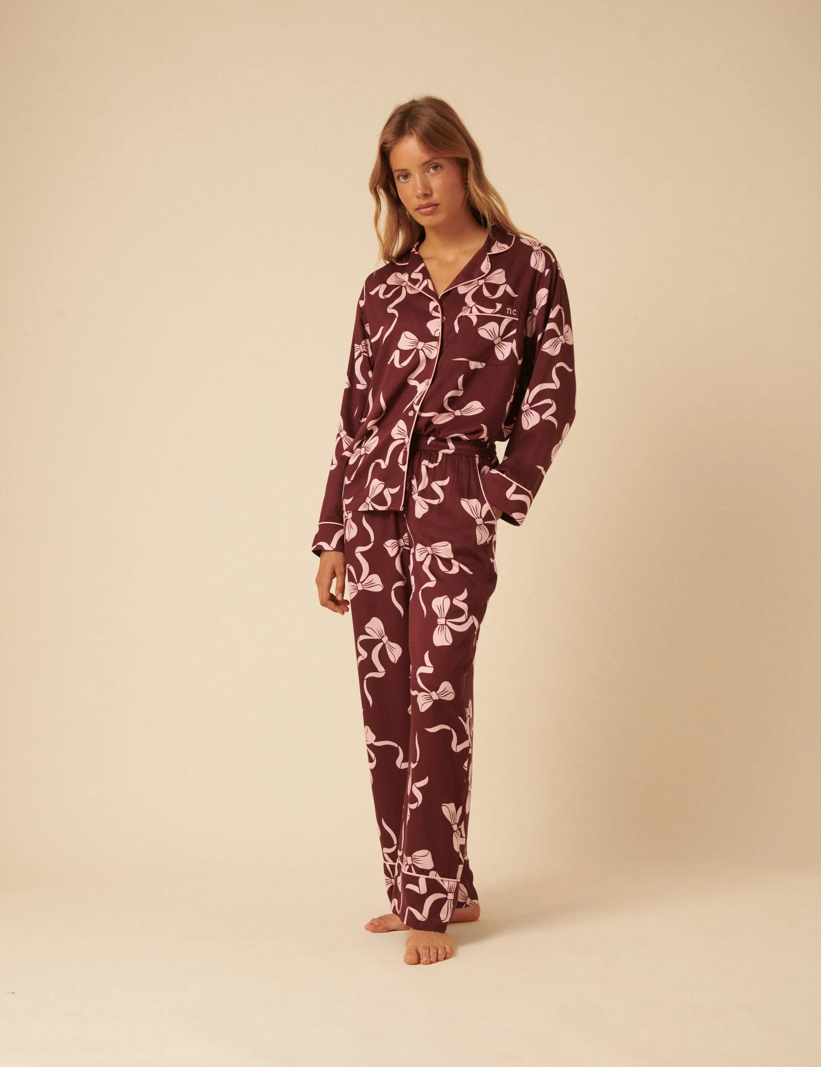 Burgundy Bow Printed Pyjama Set sold by Nobody's Child