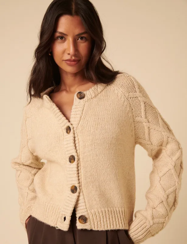 Beige Crew Neck Cable Detail Cardigan sold by Nobody's Child