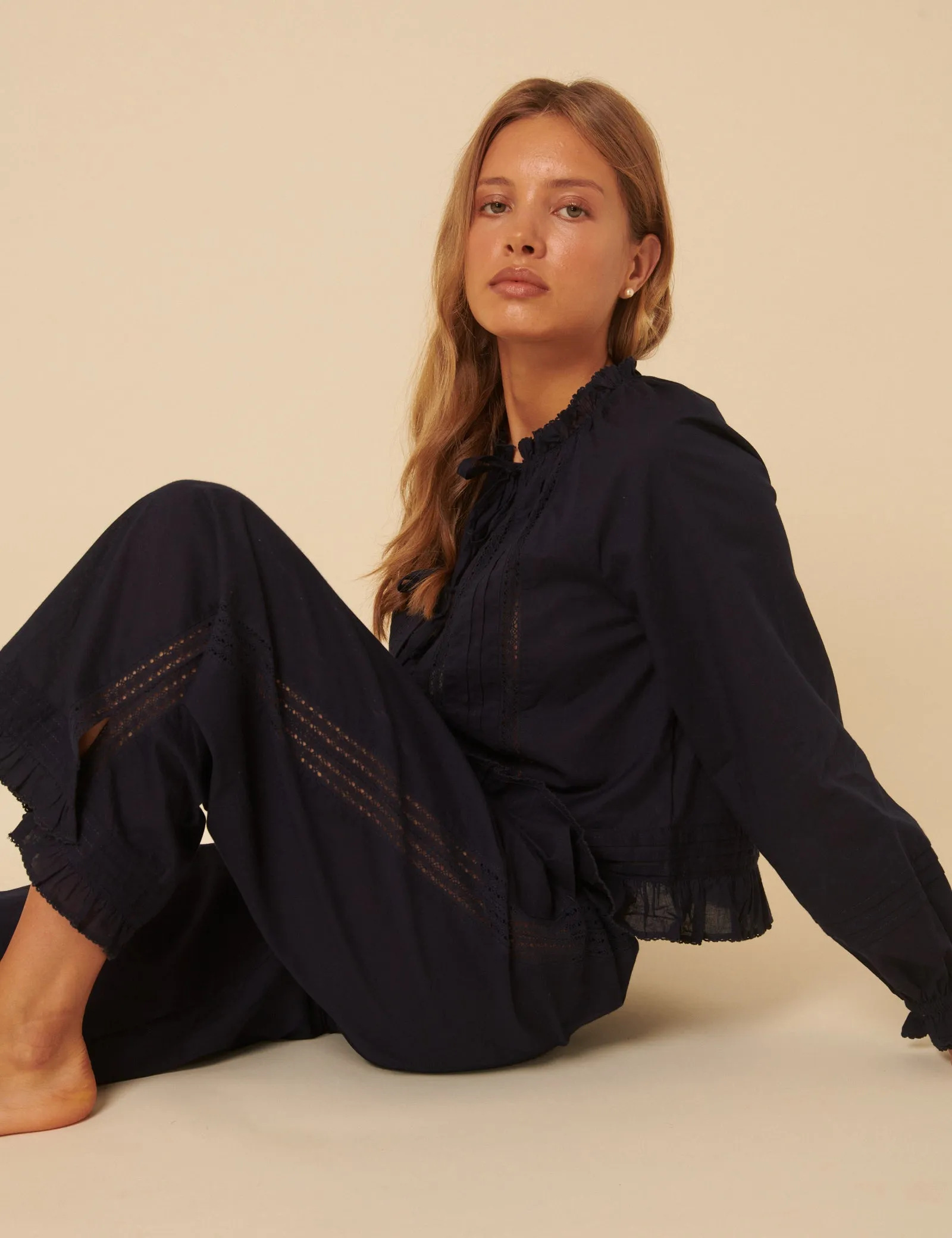 Navy Tie Front Ruffle Trim Detail Pyjama Set sold by Nobody's Child product image thumbnail 4