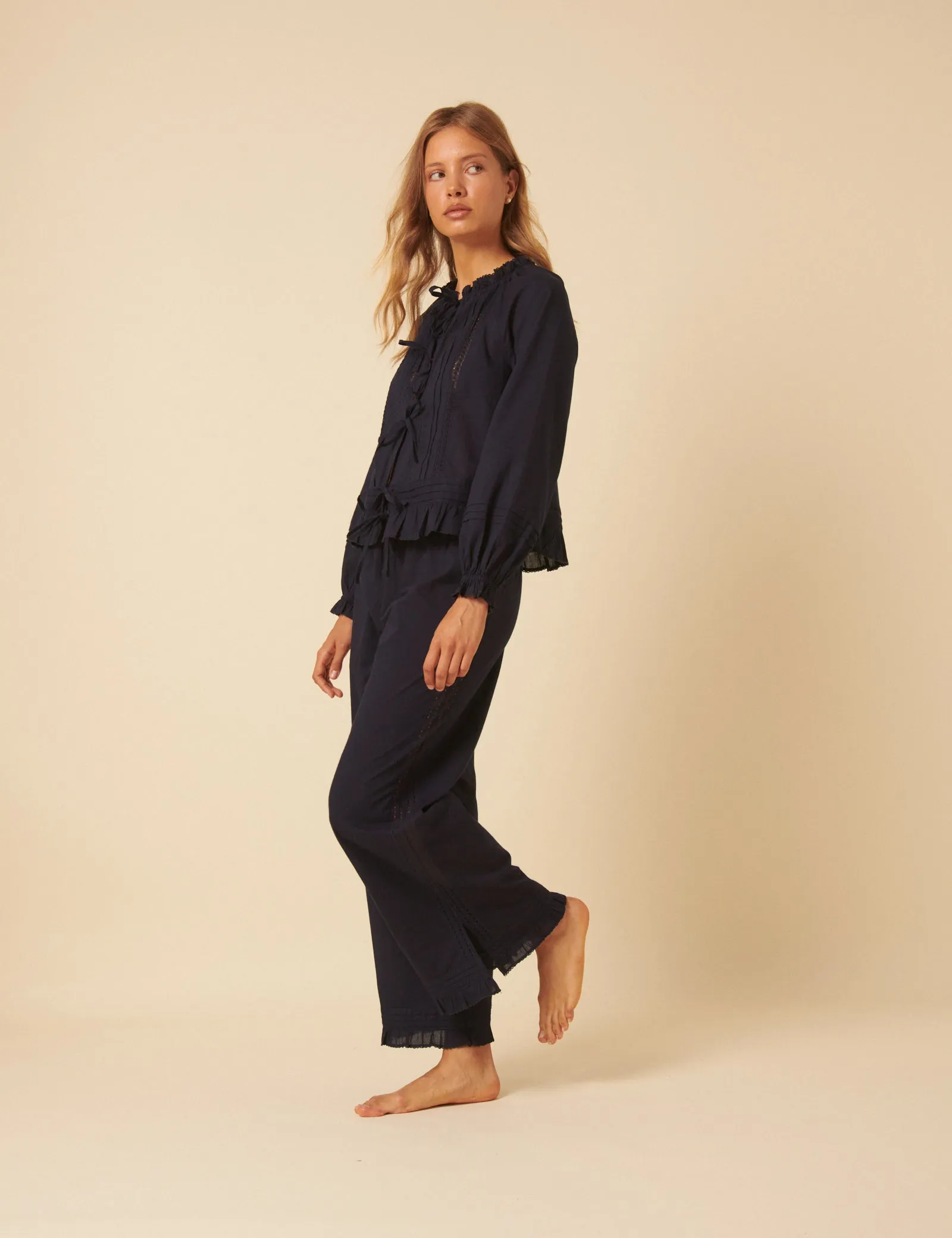 Navy Tie Front Ruffle Trim Detail Pyjama Set sold by Nobody's Child product image thumbnail 2