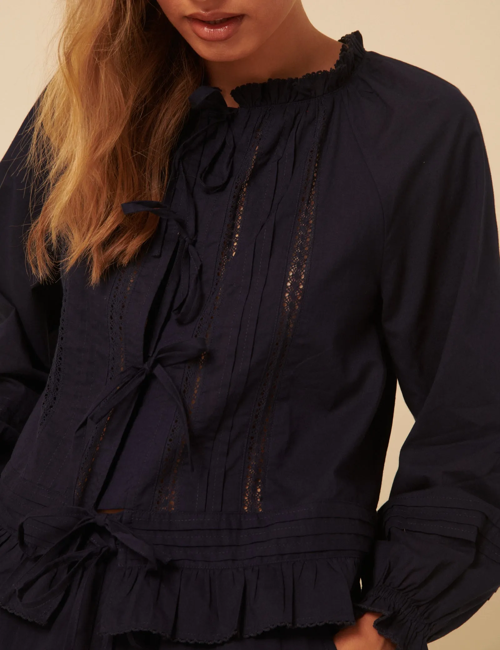 Navy Tie Front Ruffle Trim Detail Pyjama Set sold by Nobody's Child product image thumbnail 3