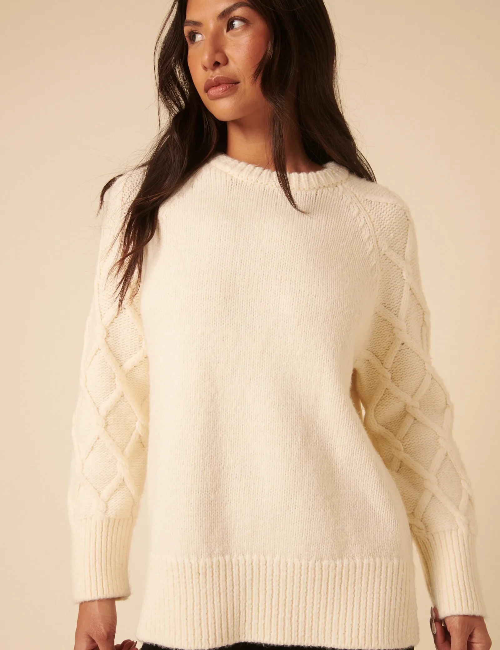 White Crew Neck Cable Oversized Jumper sold by Nobody's Child