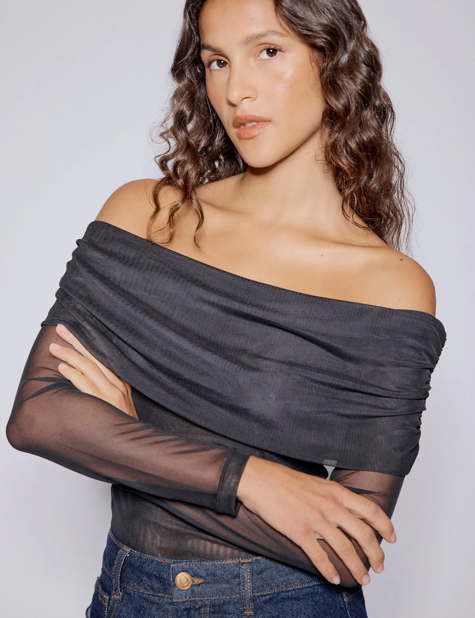 Black Off Shoulder Mesh Top sold by Nobody's Child product image thumbnail 2